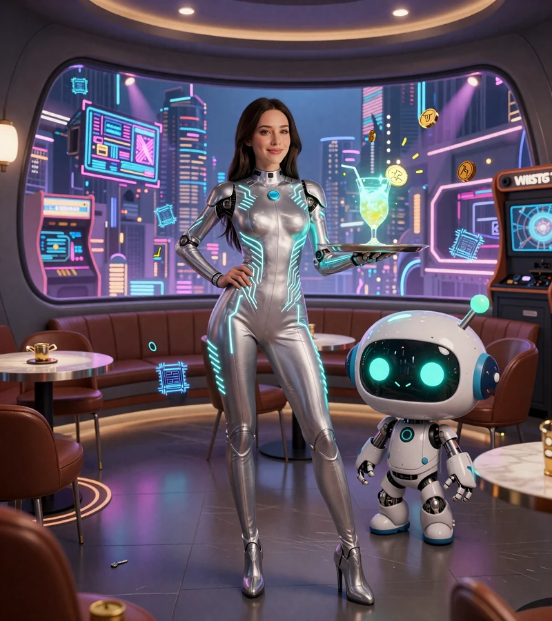 Casoola Casino VIP Bot-Town Lounge mit Modell und Roboter-Maskottchen Caszilla beim Servieren eines Drinks