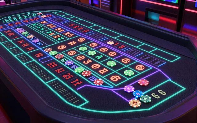 Roulette Tableau mit neon-hervorgehobenen Inside- und Outside-Einsatzfeldern und holographischen Chips bei Casoola