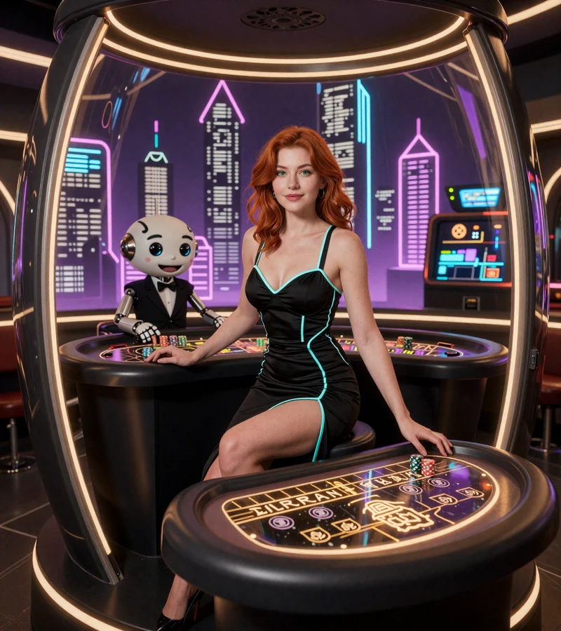 Casoola Casino VIP Bot-Town Roulette-Kapsel mit rothaariger Modell-Spielerin und Roboter-Croupier Caszilla