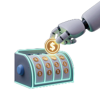 Roboter-Hand legt leuchtende M&uuml;nze in holographischen Slot f&uuml;r erste Einzahlung bei Casoola