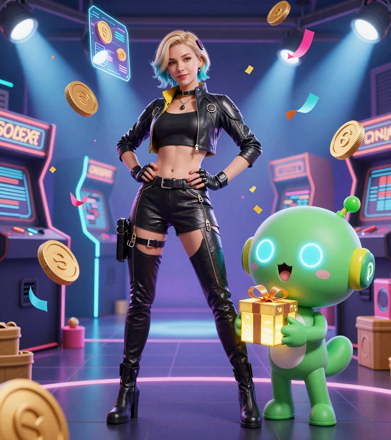Casoola Casino Willkommensbonus mit Modell in Cyberpunk-Outfit und Roboter-Maskottchen Caszilla mit leuchtender Geschenkbox