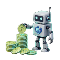 Casoola Casino Bonus-M&uuml;nzstapel mit Roboter-Klaue als holographisches Abzeichen