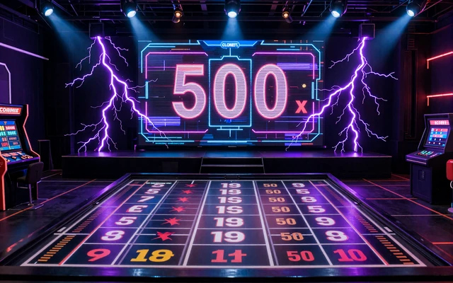 Lightning Roulette Studio mit neon-violetten Blitzeffekten und Multiplikator-Zahlen bei Casoola Casino