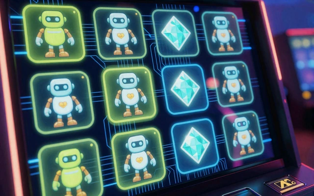 Neon-beleuchteter Video-Slot-Automat mit holographischen Symbolen im Casoola Bot-Town