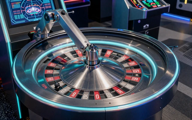 Auto Roulette automatisiertes Studio mit Roboterarm am Roulette-Rad im Casoola Bot-Town