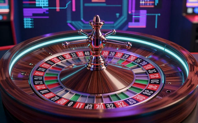 European Roulette Rad mit roten und schwarzen Taschen und gr&uuml;ner Null im Casoola Bot-Town